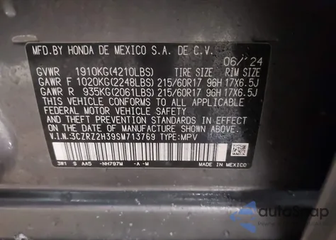 2025 Honda Hr-V Awd Lx from USA, damaged, VIN 3CZRZ2H39SM713769
